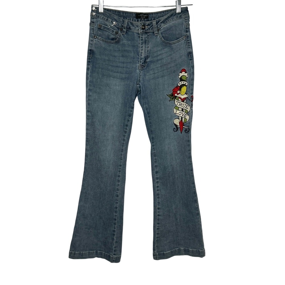 Ed Hardy Fit And Flare True Love Love Eternal Flare Jeans 30 Y2K Tattoo Revival